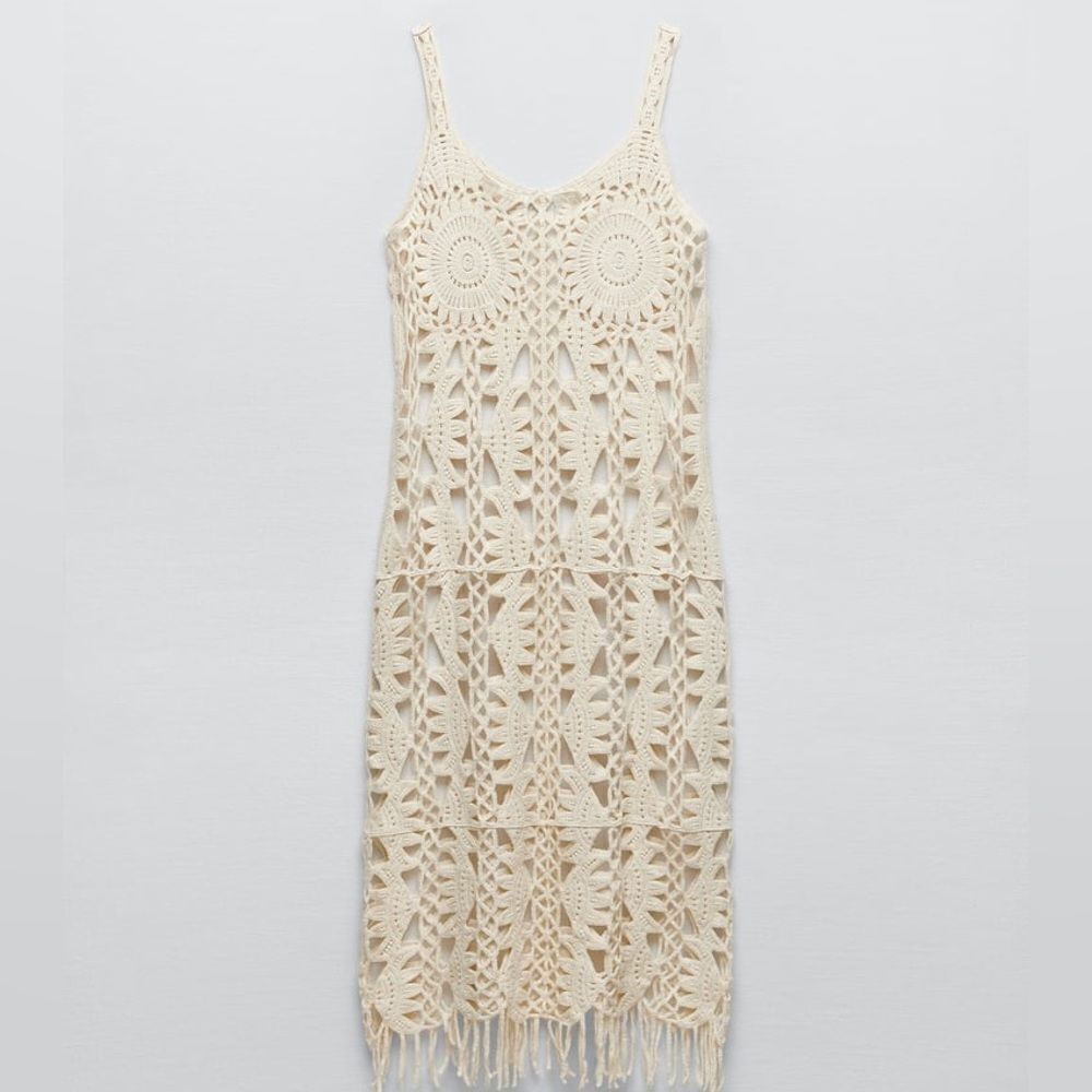 ZARA MACRAMÉ FRINGED KNIT DRESS - Picture 7 of 10
